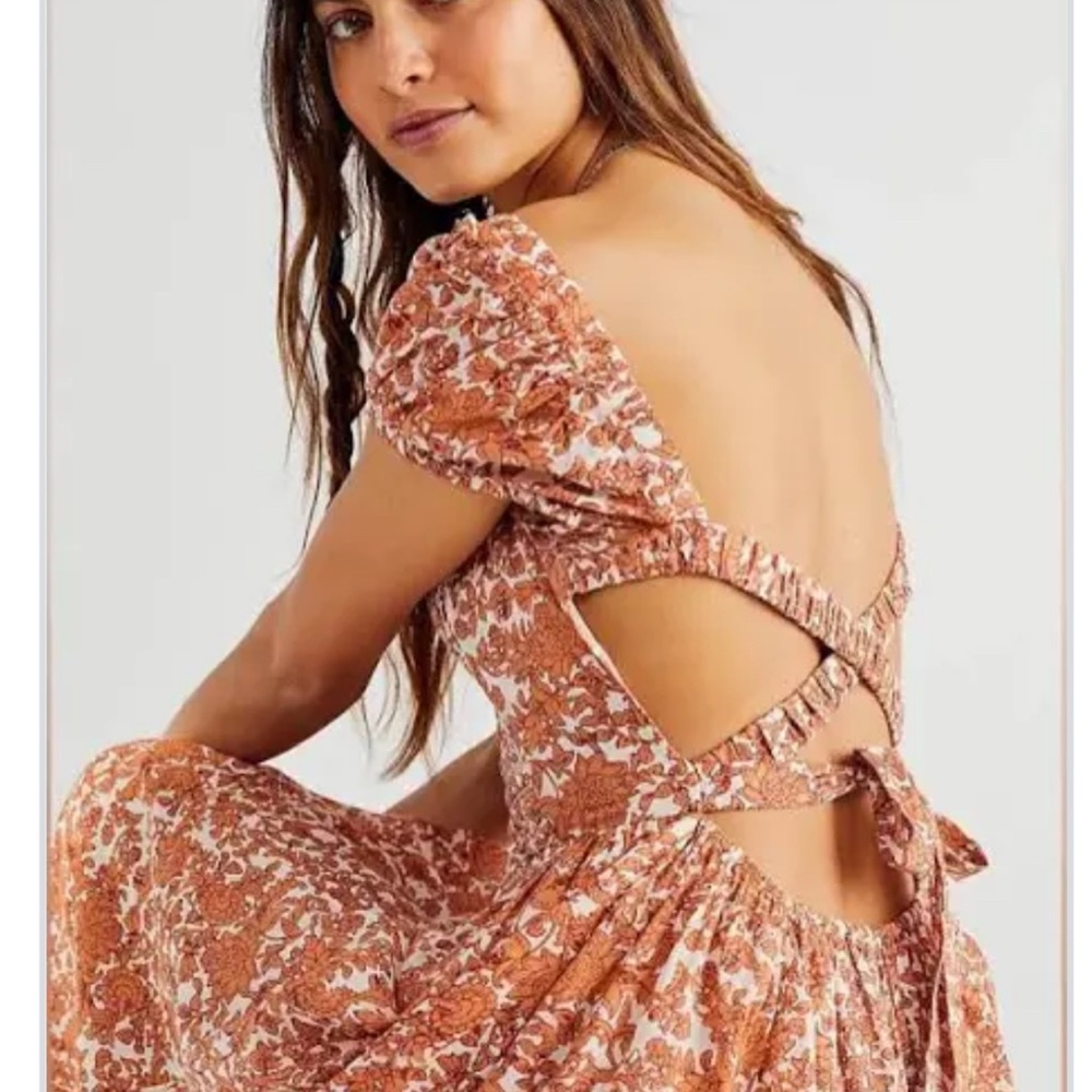 Free People Ultraviolet Maxi Dress - Boho Floral Burnt Orange Open Back, Size L